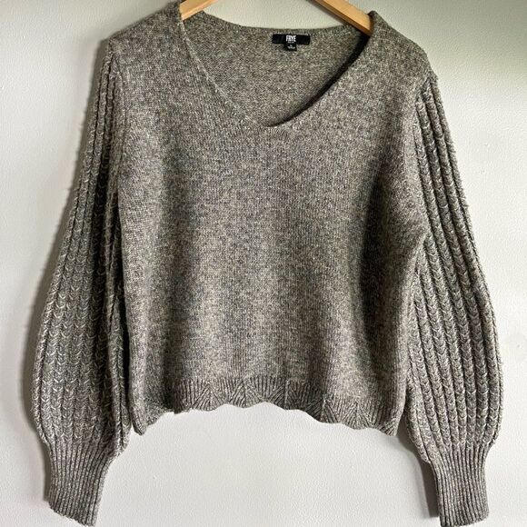Frye Green Gray Wool Blend Sweater L Ribbed Balloon Sleeve Chunky Knit - Picture 1 of 7